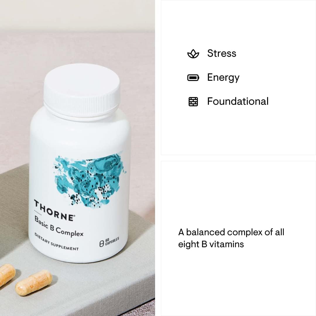 THORNE Basic B-Complex - Tissue-Ready Vitamin B Complex Supplement with Choline - Supports Cellular Energy Production, Brain Health & Red Blood Cell Formation* - Gluten-Free, Dairy-Free - 60 Capsules - Nirvana Guru