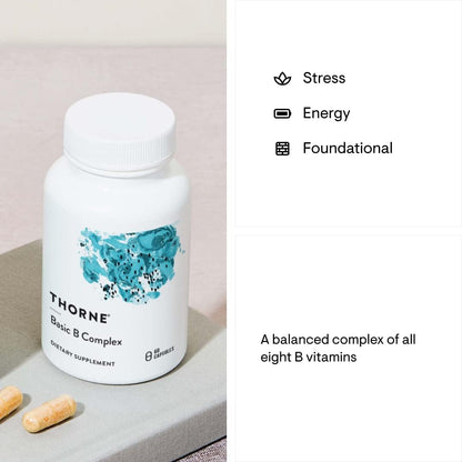 THORNE Basic B-Complex - Tissue-Ready Vitamin B Complex Supplement with Choline - Supports Cellular Energy Production, Brain Health & Red Blood Cell Formation* - Gluten-Free, Dairy-Free - 60 Capsules - Nirvana Guru
