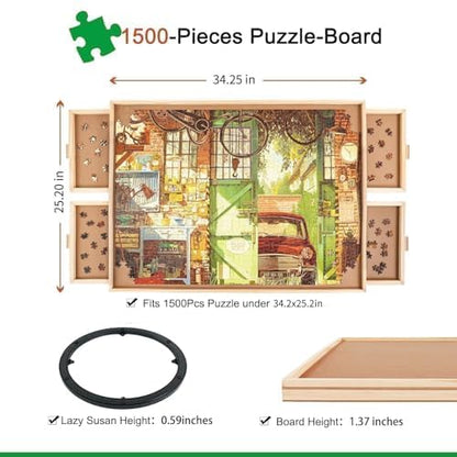 ALL4JIG 1500 Piece Rotating Puzzle Board with Drawers and Cover,25"x34"Portable Wooden Jigsaw Puzzle Table for Adults Portable,Lazy Susan Spinning Puzzle Boards Birthday Gift for mom Nirvana Guru