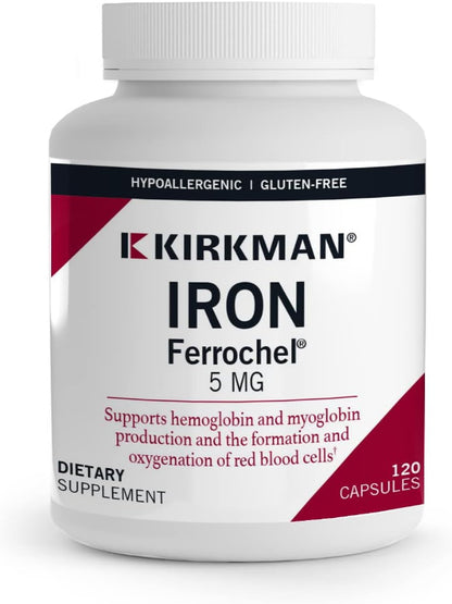 Kirkman - Iron Ferrochel 5mg - 120 Capsules - Aids Hemoglobin & Myoglobin Production - Supports Red Blood Cells Formation - Hypoallergenic - Nirvana Guru