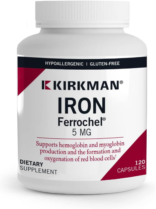 Kirkman - Iron Ferrochel 5mg - 120 Capsules - Aids Hemoglobin & Myoglobin Production - Supports Red Blood Cells Formation - Hypoallergenic - Nirvana Guru