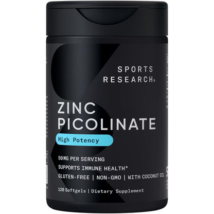 Sports Research Zinc Picolinate 50mg with Organic Coconut Oil | Highly Absorbable Zinc Supplement for Healthy Immune Function - Non-GMO Verified, Gluten & Soy Free (60 Liquid Softgels) - Nirvana Guru