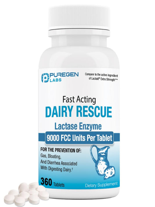 Puregen Labs Dairy Relief Fast Acting Lactase Enzyme 9000 FCC, Lactose Intolerance Pills 360 Tablets - Nirvana Guru