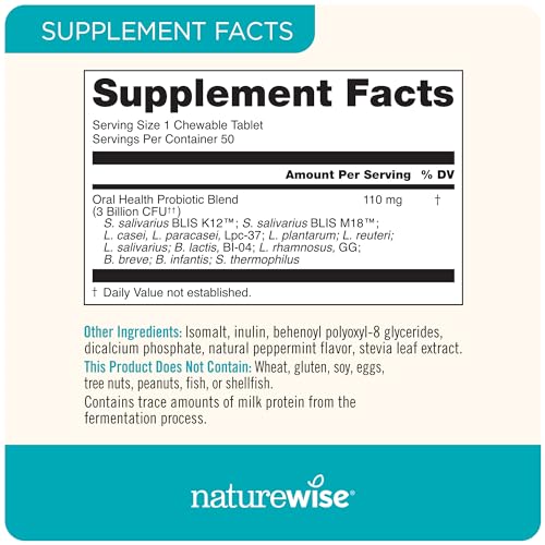 NatureWise Oral Probiotics for Teeth & Gums & Fresh Breath* - Chewable Sugar-Free Mint Tablet - Dental Support for Kids & Adults w/ BLIS K12 & M18 - Non-GMO - 50 Count[50-Day Supply] - Nirvana Guru