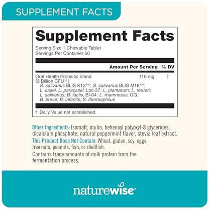 NatureWise Oral Probiotics for Teeth & Gums & Fresh Breath* - Chewable Sugar-Free Mint Tablet - Dental Support for Kids & Adults w/ BLIS K12 & M18 - Non-GMO - 50 Count[50-Day Supply] - Nirvana Guru