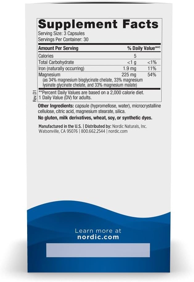 Nordic Naturals Magnesium Complex - 90 Capsules - 225 mg Magnesium, 1.9 mg Iron - Brain & Heart Health, Mood, Energy, & Muscle Relaxation - Non-GMO, Vegan - 30 Servings - Nirvana Guru