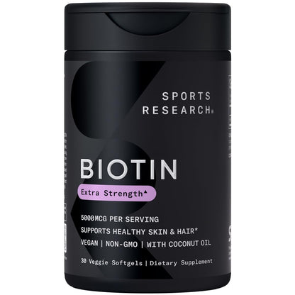 Sports Research Extra Strength Vegan Biotin (Vitamin B) Supplement with Organic Coconut Oil - Supports Keratin for Healthier Hair & Skin - Great for Women & Men - 5,000mcg, 120 Veggie Softgel Capsules - Nirvana Guru