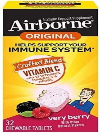 Airborne Original with Vitamin C, Chewable Tablets Berry 32 ea (Pack of 6) Nirvana Guru