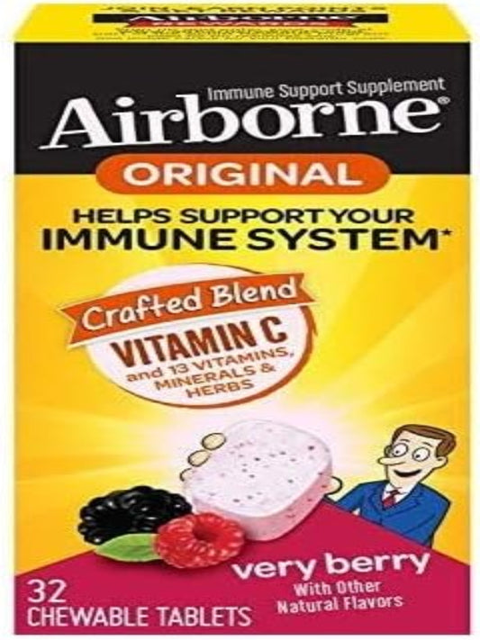 Airborne Original with Vitamin C, Chewable Tablets Berry 32 ea (Pack of 6) Nirvana Guru