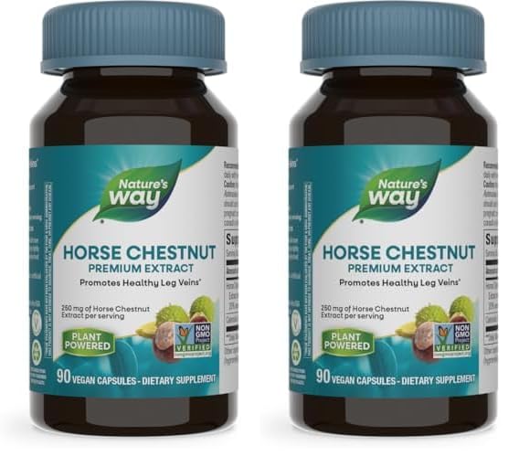 Nature's Way Standardized Horse Chestnut, Premium Extract, Promotes Healthy Leg Veins*, 250 mg per Serving, Vegan, 90 Capsules - Nirvana Guru