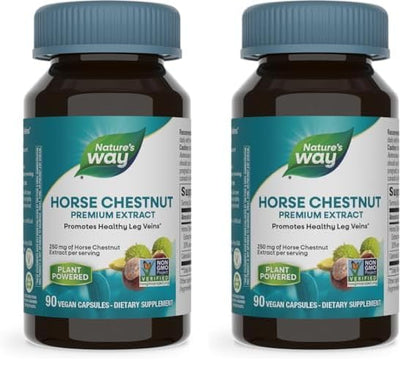 Nature's Way Standardized Horse Chestnut, Premium Extract, Promotes Healthy Leg Veins*, 250 mg per Serving, Vegan, 90 Capsules - Nirvana Guru
