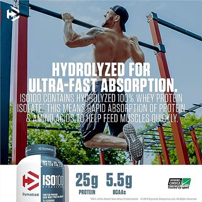 Dymatize ISO100 Whey Protein Powder Isolate, Gourmet Chocolate, 25g of Protein, 20 Servings, 5.5g BCAAs, Less Than 120 Cal., Gluten Free, 1g Fat, 1g Sugar, 2g Carb