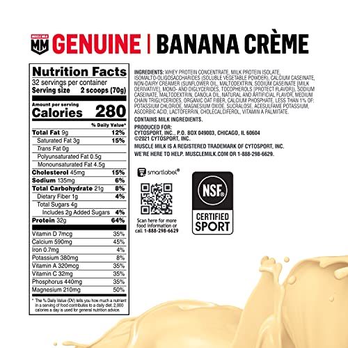 Muscle Milk Genuine Protein Powder, Chocolate, 1.93 Pounds, 13 Servings, 32g Protein, 2g Sugar, Calcium, Vitamins A, C & D, NSF Certified for Sport, Energizing Snack, Packaging May Vary Nirvana Guru