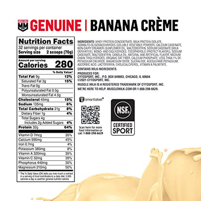 Muscle Milk Genuine Protein Powder, Chocolate, 1.93 Pounds, 13 Servings, 32g Protein, 2g Sugar, Calcium, Vitamins A, C & D, NSF Certified for Sport, Energizing Snack, Packaging May Vary Nirvana Guru