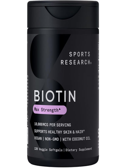 Sports Research Extra Strength Vegan Biotin (Vitamin B) Supplement with Organic Coconut Oil - Supports Keratin for Healthier Hair & Skin - Great for Women & Men - 5,000mcg, 120 Veggie Softgel Capsules - Nirvana Guru