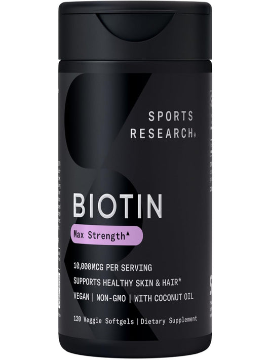 Sports Research Extra Strength Vegan Biotin (Vitamin B) Supplement with Organic Coconut Oil - Supports Keratin for Healthier Hair & Skin - Great for Women & Men - 5,000mcg, 120 Veggie Softgel Capsules - Nirvana Guru