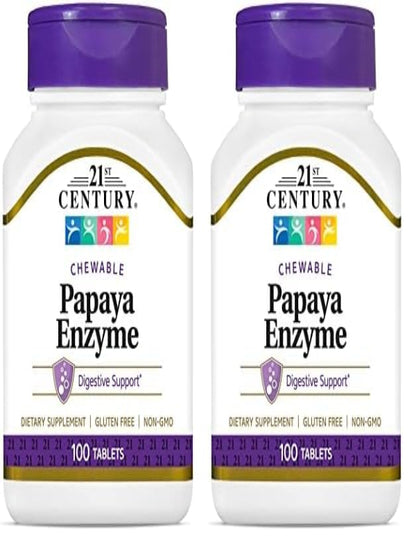 21st Century Papaya Enzyme Chewable (100 Count), Papaya & Pineapple Digestive Enzymes for Gut Health, Tropical Flavor, Non-GMO, Gluten-Free, No Added Salt, Yeast, Artificial Flavors