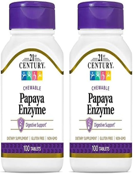 21st Century Papaya Enzyme Chewable (100 Count), Papaya & Pineapple Digestive Enzymes for Gut Health, Tropical Flavor, Non-GMO, Gluten-Free, No Added Salt, Yeast, Artificial Flavors