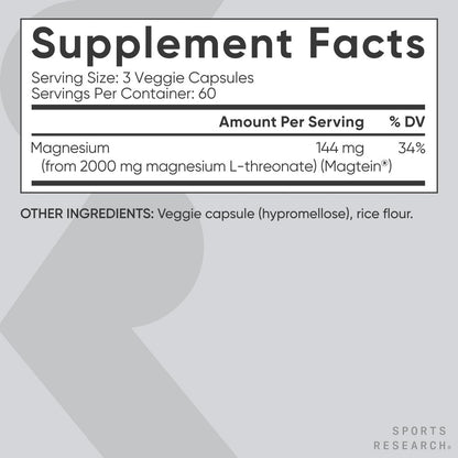 Sports Research Magtein Magnesium L-Threonate Capsules - Magnesium Supplement for Memory, Focus & Cognition - Magnesium L Threonate Supports Brain Health, Sleep & Mood - 2000mg, 90 Capsules for Adults - Nirvana Guru