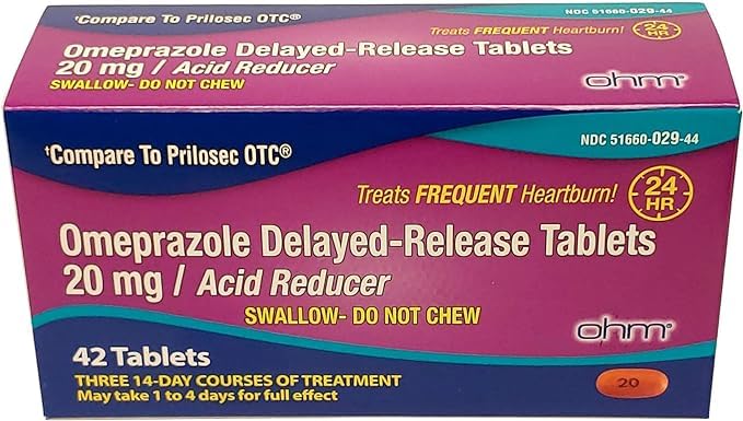 Ohm Omeprazole Delayed-Release Tablets, 20mg Acid Reducer, Treats Frequent Heartburn (2 Weeks of Supply, 14, Count)