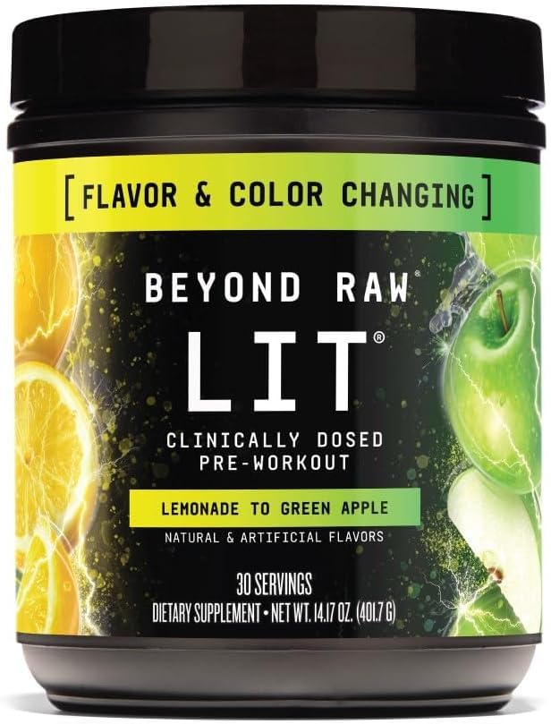 BEYOND RAW LIT Pre Workout Powder Supplement for Men and Women, Energy, Focus, Endurance, Pumps, Nitric Oxide Boost, 250mg Caffeine, Creatine, Beta Alanine, Gummy Worm, 30 Servings Nirvana Guru