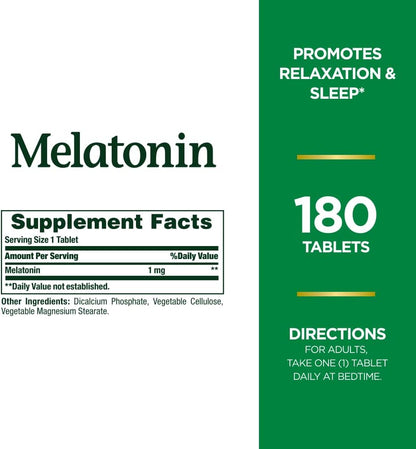 Nature's Bounty Melatonin, 100% Drug Free Sleep Aid, Promotes Relaxation and Sleep Health, 1mg, 180 Tablets Nirvana Guru