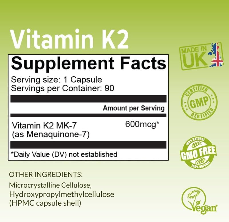 NutriZing K2 Vitamin Supplement MK-7 - High Strength 600mcg - Supports Bone & Arterial Health - 90 Vegan Capsules - Vitamin K2 for Men & Women - 3 Month Supply Nirvana Guru