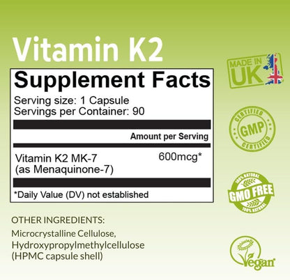 NutriZing K2 Vitamin Supplement MK-7 - High Strength 600mcg - Supports Bone & Arterial Health - 90 Vegan Capsules - Vitamin K2 for Men & Women - 3 Month Supply Nirvana Guru