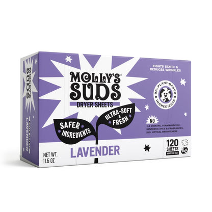 Molly's Suds Fabric Softener Dryer Sheets for Sensitive Skin | Plant-Based Static Reducer, Plastic-Free Packaging | Lavender (120 Sheets) Nirvana Guru