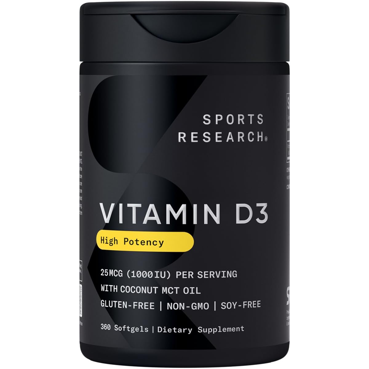 Sports Research Vitamin D3 5000iu (125mcg) with Coconut Oil ~ High Potency Vitamin D for Immune & Bone Support ~ Non-GMO Verified, Gluten & Soy Free (360 Mini-Liquid Softgels) - Nirvana Guru