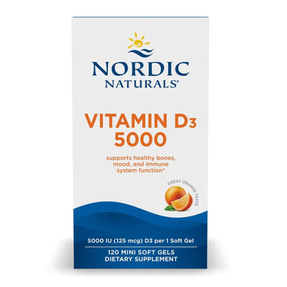Nordic Naturals Vitamin D3 5000, Orange - 120 Mini Soft Gels - 5000 IU Vitamin D3 - Supports Healthy Bones, Mood & Immune System Function - Non-GMO - 120 Servings - Nirvana Guru