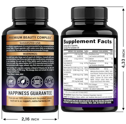 Biotin | Collagen | Keratin - Clinically Tested Supplement - Hair Growth Support, Skin & Nails - 25000 mcg Vitamins B2, B3, B6 & B7 + B1 & Hyaluronic Acid - Made in USA - Women & Men | 60 Capsules