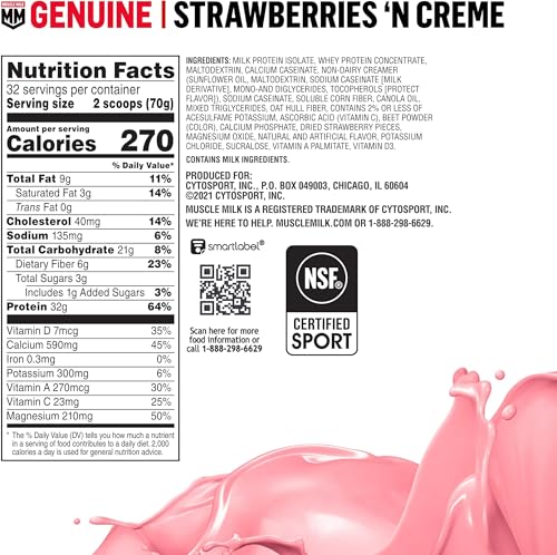 Muscle Milk Genuine Protein Powder, Chocolate, 1.93 Pounds, 13 Servings, 32g Protein, 2g Sugar, Calcium, Vitamins A, C & D, NSF Certified for Sport, Energizing Snack, Packaging May Vary Nirvana Guru