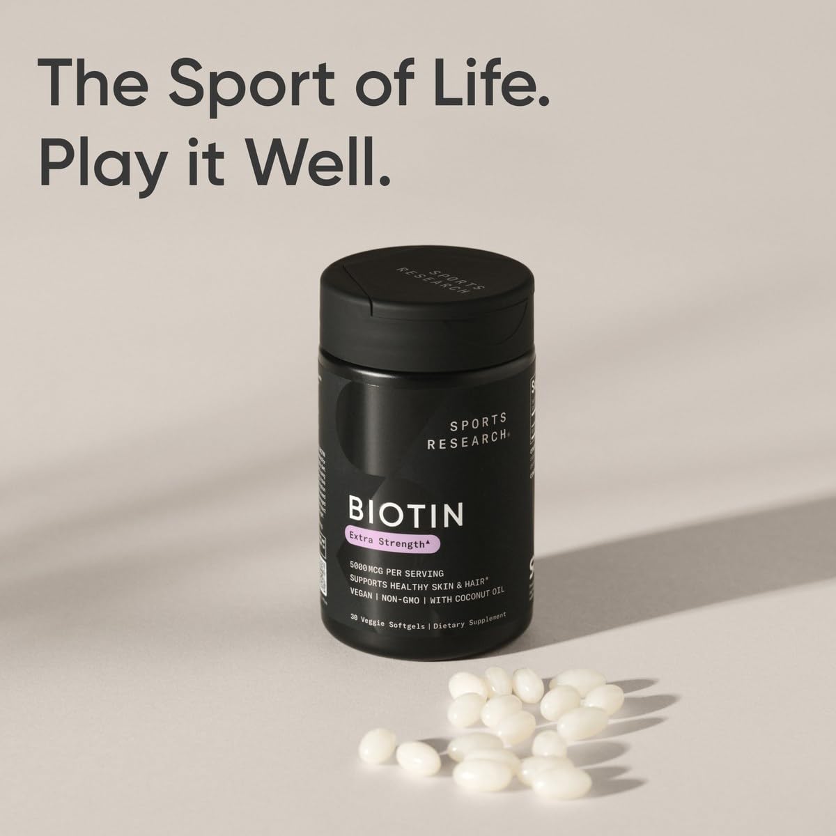 Sports Research Extra Strength Vegan Biotin (Vitamin B) Supplement with Organic Coconut Oil - Supports Keratin for Healthier Hair & Skin - Great for Women & Men - 5,000mcg, 120 Veggie Softgel Capsules - Nirvana Guru