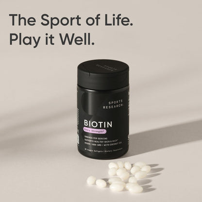 Sports Research Extra Strength Vegan Biotin (Vitamin B) Supplement with Organic Coconut Oil - Supports Keratin for Healthier Hair & Skin - Great for Women & Men - 5,000mcg, 120 Veggie Softgel Capsules - Nirvana Guru