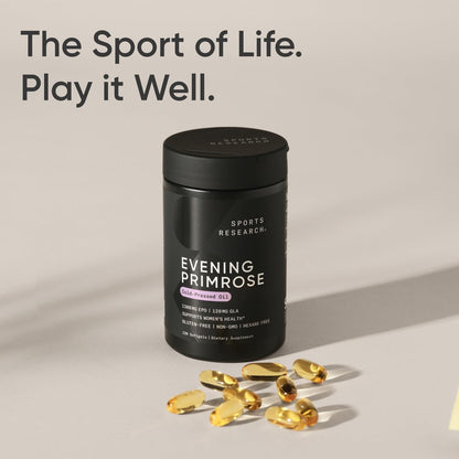 Sports Research Evening Primrose Oil (1300mg) Cold-Pressed with No fillers or Artificial Ingredients, Non-GMO Tested - Gluten and Soy Free (120 Liquid Softgels) - Nirvana Guru