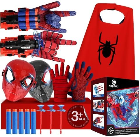 Superhero Web-Slinging Toy Set – 7-in-1 Superhero Set Includes 2 Web Shooters, 2 Hero Masks, 2 Gloves, and 1 Cape – Ideal for Indoor and Outdoor Costume Role-Playing, Imaginative Play for Kids Ages 3+ Nirvana Guru