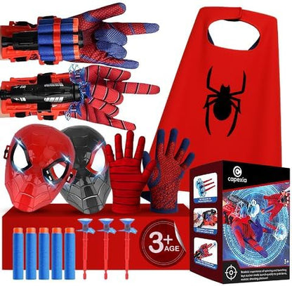 Superhero Web-Slinging Toy Set – 7-in-1 Superhero Set Includes 2 Web Shooters, 2 Hero Masks, 2 Gloves, and 1 Cape – Ideal for Indoor and Outdoor Costume Role-Playing, Imaginative Play for Kids Ages 3+ Nirvana Guru