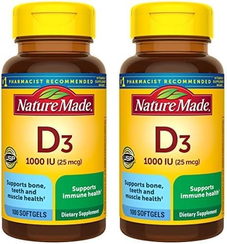 Nature Made Vitamin D3 1000 IU (25 mcg), Dietary Supplement for Bone, Teeth, Muscle and Immune Health Support, 300 Softgels, 300 Day Supply - Nirvana Guru