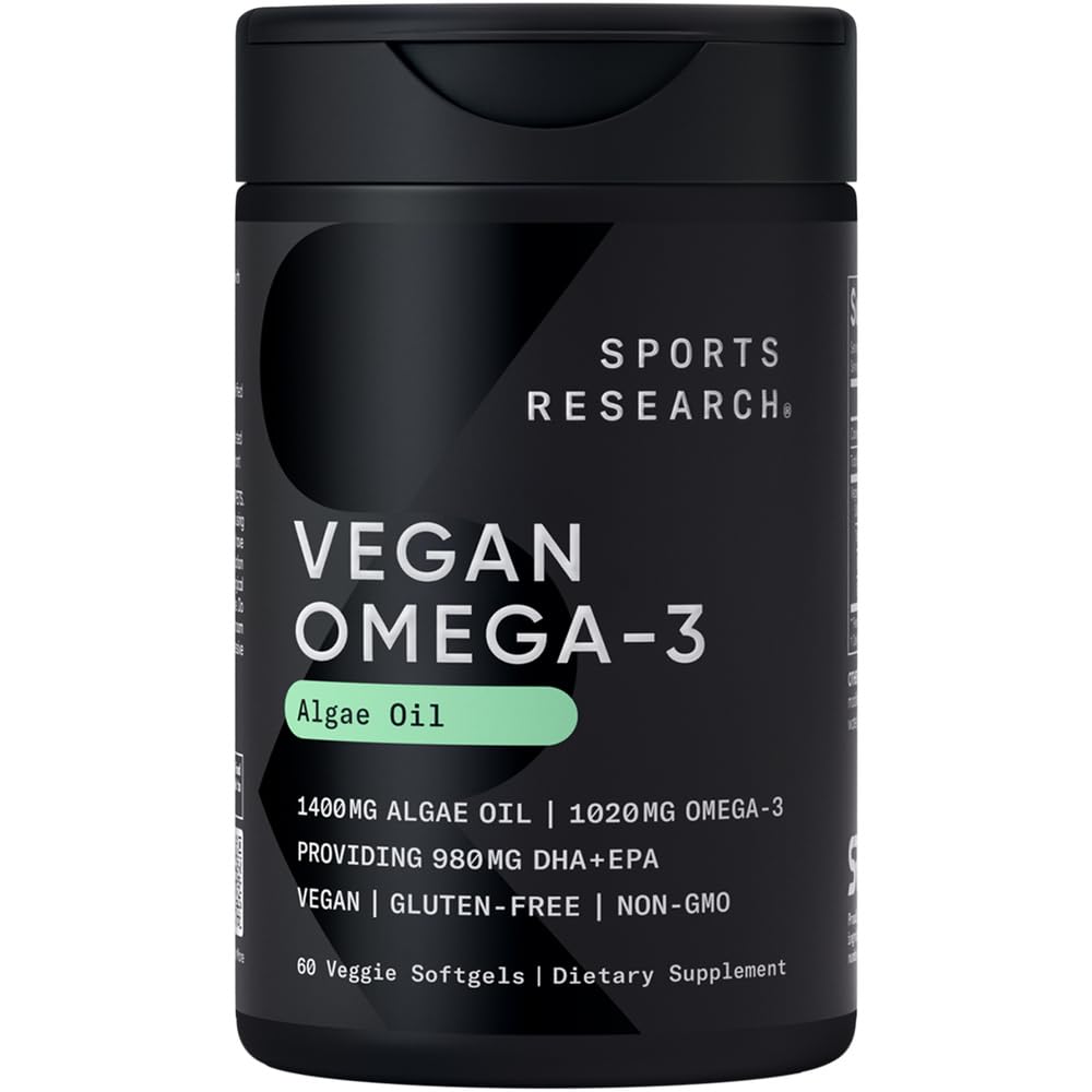 Sports Research Vegan Omega-3 Fish Oil Alternative from Algae Oil - Highest Levels of DHA & EPA Fatty Acids | Non-GMO Verified & Vegan Certified - Fresh Lemon Scent - 60 Veggie Softgels - Nirvana Guru