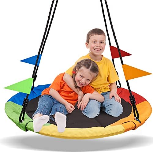 PACEARTH 40 Inch Saucer Tree Swing Flying 900lb Weight Capacity 2 Added Hanging Straps Adjustable Multi-Strand Ropes Colorful Safe and Durable Swing Seat for Children-Green Nirvana Guru