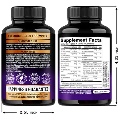 Biotin | Collagen | Keratin - Clinically Tested Supplement - Hair Growth Support, Skin & Nails - 25000 mcg Vitamins B2, B3, B6 & B7 + B1 & Hyaluronic Acid - Made in USA - Women & Men | 60 Capsules