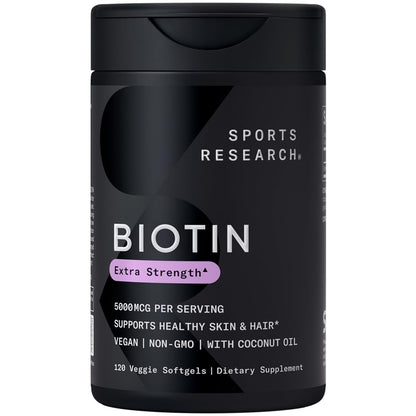 Sports Research Extra Strength Vegan Biotin (Vitamin B) Supplement with Organic Coconut Oil - Supports Keratin for Healthier Hair & Skin - Great for Women & Men - 5,000mcg, 120 Veggie Softgel Capsules - Nirvana Guru