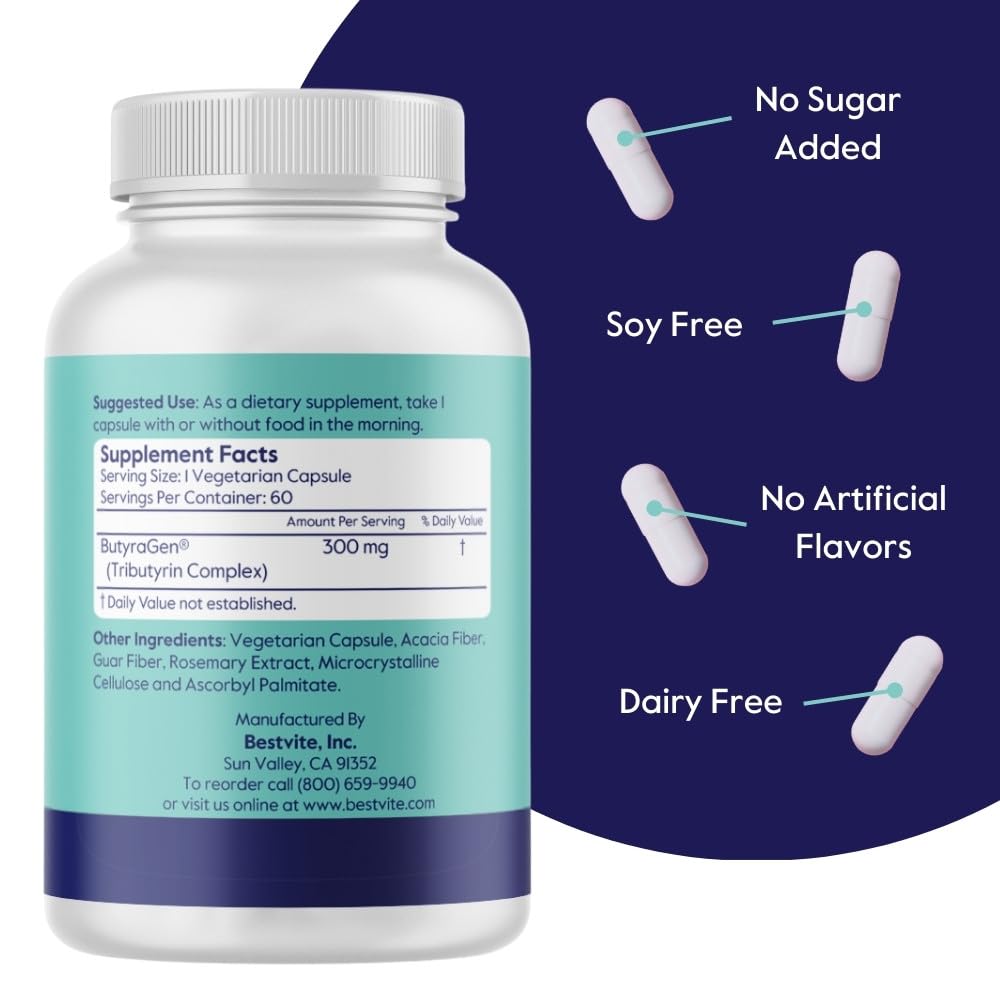 BESTVITE ButyraBoost 300mg Tributyrin Complex (60 Vegetarian Capsules) - No Stearates - Vegan - Non GMO - Gluten Free - Butyrate Gut Health Supplement Nirvana Guru