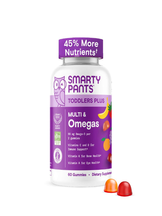 SmartyPants Toddler Multivitamin Gummies - Improved Formula: Omega 3 (DHA/EPA), Vitamins D3, C, Vitamin B12, B6, A, K & Zinc, Biotin, Gluten Free, Three Fruit Flavors, 60 Count (30 Day Supply) Nirvana Guru