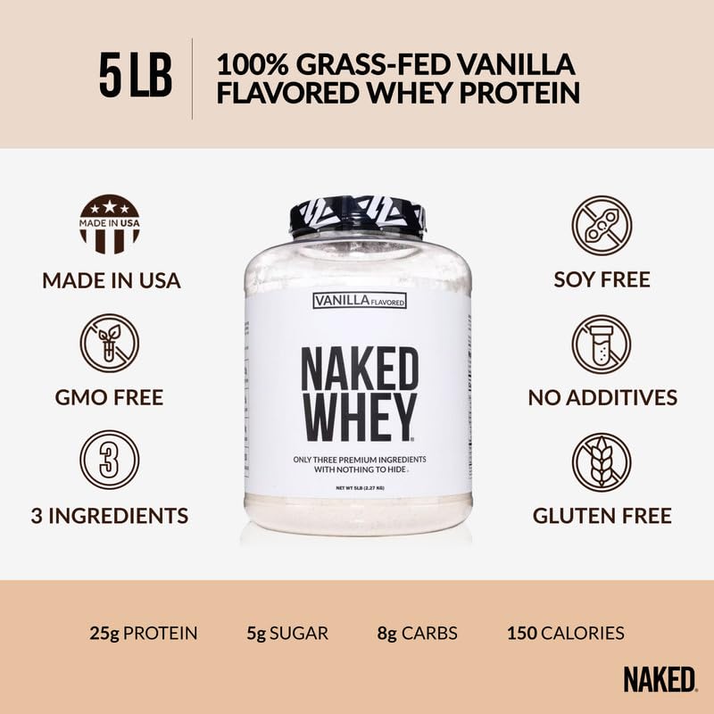 NAKED Whey Vanilla Protein Powder - Only 3 Ingredients - Grass Fed Whey Protein Powder, Vanilla Flavor, and Organic Coconut Sugar, No GMO, No Soy, and Gluten Free - 24 Servings