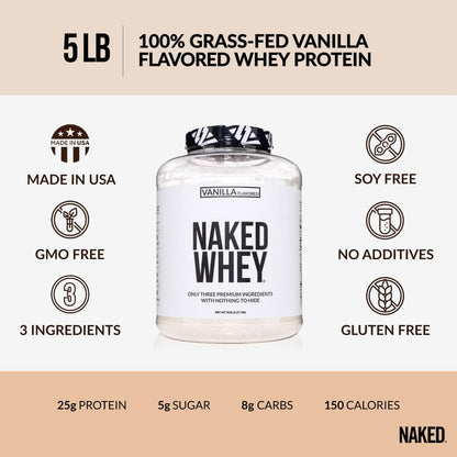 NAKED Whey Vanilla Protein Powder - Only 3 Ingredients - Grass Fed Whey Protein Powder, Vanilla Flavor, and Organic Coconut Sugar, No GMO, No Soy, and Gluten Free - 24 Servings
