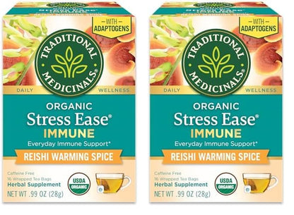 Traditional Medicinals Tea, Organic Stress Ease Immune with Adaptogens, Everyday Immune Support, Reishi Warming Spice, 16 Tea Bags - Nirvana Guru