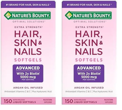 Nature's Bounty Advanced Hair, Skin & Nails, Argan-Infused Vitamin Supplement with Biotin and Hyaluronic Acid, 150 Rapid Release Softgels, 50 Total Servings