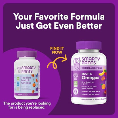 SmartyPants Toddler Multivitamin Gummies - Improved Formula: Omega 3 (DHA/EPA), Vitamins D3, C, Vitamin B12, B6, A, K & Zinc, Biotin, Gluten Free, Three Fruit Flavors, 60 Count (30 Day Supply) Nirvana Guru